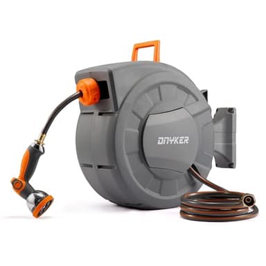 DNYKER Retractable Garden Hose Reel, 1/2 inch x 100 ft Water Hose Reel Wall Mounted, Any Length Lock, Slow Auto-Rewind, 180°Swivel Bracket & 10 Pattern Nozzle