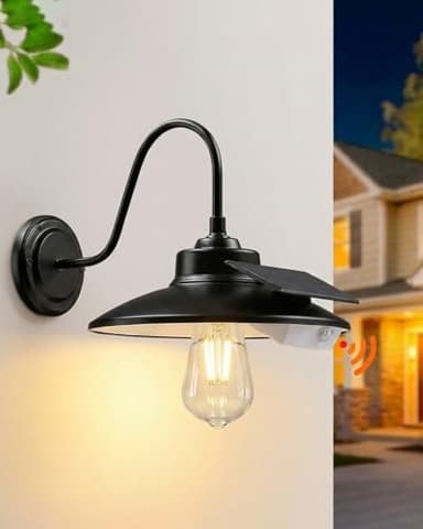 CRIRY Solar Barn Light Outdoor Motion Sensor, IP65 Waterproof Farmhouse Solar Gooseneck Wall Light, Dusk to Dawn Black Porch Light for Shed Garage Yard Chicken Coop, Bulb Included, 1-Pack