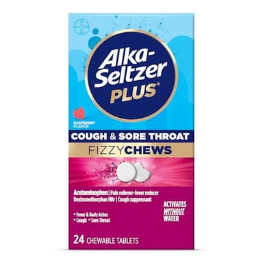 Alka-Seltzer Plus Cough & Sore Throat Fizzy Chews, No Water Needed, On The Go Sore Throat Relief for Adults, Raspberry Flavor, 24 Count