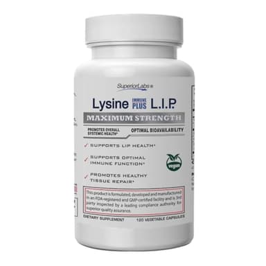 Superior Labs Lysine Immune Plus Lip, Clinically Proven Lip Health & Support, L-Lysine Bound to HCI for Optimal Stability & Absorption for Fast Results, Bioactive with Zero Harmful Additives