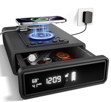 ORARAER Biometric Safe with Wireless Charging, 3 Access Methods to Unlock, Nightstand Drawer Safe LED Display with Humidity & Temp, Money Box for Cash and Valuables,Birthday Gifts for Women