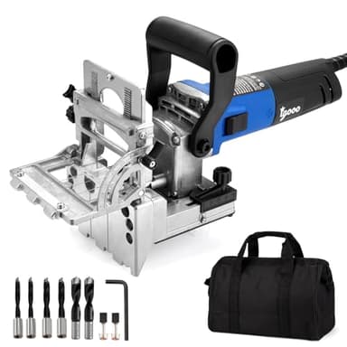 igooo Dual-Spindle Doweling Jointer DJ710, 710W 120V 60Hz, Wood Plate Dowel Joiner, 2X10mm, 2X8mm and 2X6mm Drilling Bits, 90 Dowels