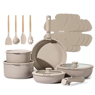 CAROTE 19pcs Pots and Pans Set Non Stick, Nonstick Cookware Set Detachable Handle, Induction Kitchen Cooking Sets with Removable Handle, RV Kitchen, Oven Safe, Taupe