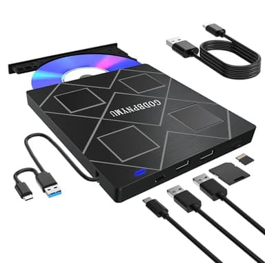 5-in-1 Extemal CD/DVD Drive for Laptop,USB 3.0 & Type-C Portable CD/DvD Rw Burner with SD/TF Card Reader &DVD-ROM Rewritable Player，Compatible with Laptop Pc Desktop, Windows11/10/8/7 Linux Mac os