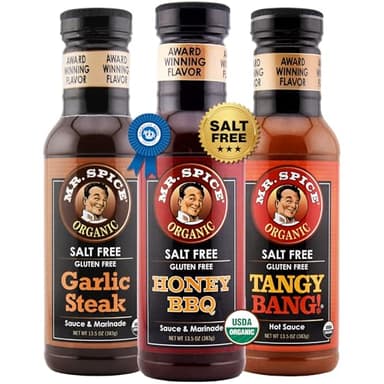 Mr. Spice Original 3 Pack, Organic Salt Free Honey BBQ, Garlic Steak & Tangy Bang Hot Sauce, Gluten Free Sauces, Low Sodium Marinades for Grill, Skillet & Air Fryer, Award-Winning Flavors, 13.5 Oz Ea