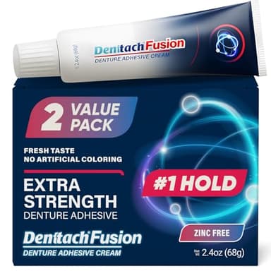 Denttach Fusion Denture Adhesive, (Pack of 2) 2.4 Ounce, Ultra Strong Hold and Seal, Dental Adhesive Cream for Dentures and Partials, Zinc Free Denture Glue