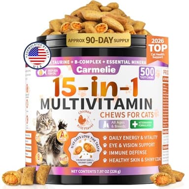 Taurine for Cats Vitamins Treats, 15 in 1 Cat Multivitamin Support Joint, Skin Coat, Digestion, Immunity & Energy, 500 Crunchy & Creamy Chews with Essential Vitamin for Cats All Ages (90-Day Supply)