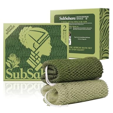 SubSahara Authentic African Net Sponge - 2 Pack Exfoliating Bath & Shower Loofah Sponge for Body & Face, Gentle Scrubber for All Skin Types, Travel, Durable Polyester (Olive Green & Light Green)