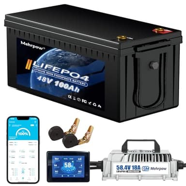 48V Lithium Battery Golf Cart Batteries Kit with Smart 200A BMS 58.4V 18A Charger Touch Monitor & Mobile APP 10000 Rechargeable Cycles 48V 100Ah LiFePO4 Battery for Solar RV and Off Grid Applications