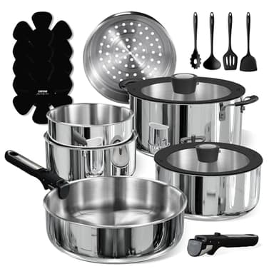 CAROTE 18pcs Stainless Steel Cookware Set with Detachable Handle, Nonstick Pots and Pans Set, Induction Kitchen Cookware Sets with Removable Handle, RV Cookware Set, Oven Safe, Camping Cookware, Black