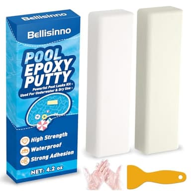 Bellisinno 4.2 oz. White Pool Epoxy Putty, 2-Part Underwater/Above-Water Repair, Fix Leaks, Cracks, Filling, Sculpting, Tile, Concrete, Fiberglass, Cement, Swimming Pool Maintenance Kit