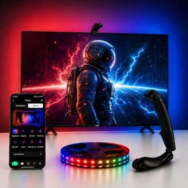 QTU TV LED Backlight with Sensor, LED Sync Lights for TV 55-65 Inch, Smart Camera Sync to Screen, Ambient RGB Strip Lights for Gaming & Home Theater, App Control (14.7ft)