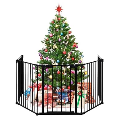 Costzon Baby Safety Gate, 121 Inch Length 5 Panel Adjustable Wide Fireplace Fence, BBQ Metal Fire Screen Gate, Pet Isolation Fence with Walk-Through Door, Freestanding Pets Gate
