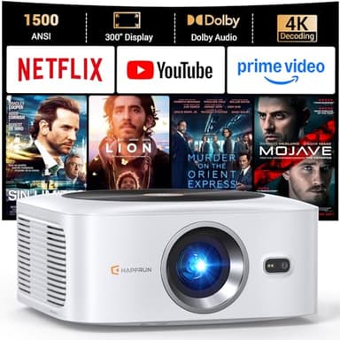 HAPPRUN 1500 ANSI Lumens Outdoor Projector with Built-in Streaming Apps, 4K Decoding Resolution, Auto Focus, Dolby Audio, Smart Projector with WiFi 6 and Bluetooth 5.2, Indoor Home Theater