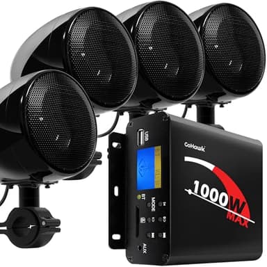 GoHawk Motorcycle Speakers Bluetooth 4 Inch Waterproof Radio Audio System and 1000W Amplifier AUX USB SD FM Radio, Great for Use with ATVs/Motorcycles, 12 Volt Vehicles