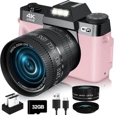 VJIANGER 2026 Upgrade 4K Digital Camera for Photography 56MP Vlogging Camera for YouTube with WiFi, 180°Flip Screen, 16X Digital Zoom, 52mm Lens, 32GB Micro SD Card, 2 Batteries(Pink)