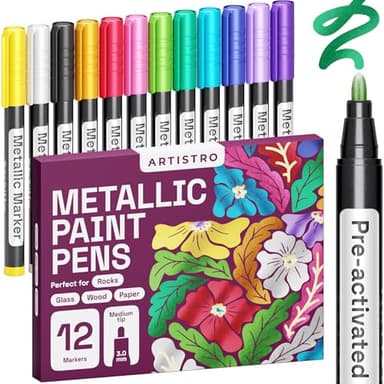 ARTISTRO 12 Metallic Paint Pens for Glass Marking, Rock Painting, Ceramic, Wood, Fabric, Scrapbooking, DIY Craft Making, Coloring - Acrylic Paint Markers Bullet Tip 2.5mm