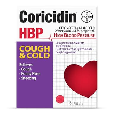 Coricidin HBP Decongestant-Free Cough and Cold Medicine - Specially Designed Relief for High Blood Pressure, Cough, Runny Nose, Sneezing and Cold Symptoms (16 Count)