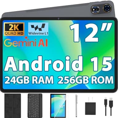 2026 12 Inch Tablet, Android 15 Tablet with Keyboard - 24GB RAM, 256GB ROM, 2TB Expand, 2000x1200 Screen, Octa-Core, 8+16MP Camera, 8000mAh, 5G Wifi, 2K Tablet with Case, Stylus, Mouse (Black Case)