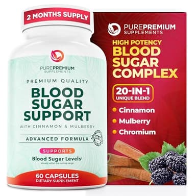PurePremium Normal Blood Sugar Support Supplement - 20 Active Ingredients Complex to Support Blood Sugar Levels Already in The Normal Range - with Cinnamon, Bitter Melon, Chromium, Mulberry - 60ct