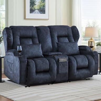 Loveseat Recliner Sofa,RV Wall Hugger Recliners for Small Spaces,Reclining Loveseat Sofa Recliner with Cup Holders/Lumbar Pillows,RV Furniture (Velvet Blue, Loveseat with Console)