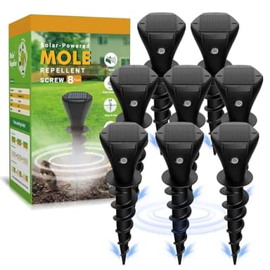 Solar Powered Mole Repellent for Lawns, 8 Packs Ultrasonic Vole Repeller Outdoor, IP 65 Waterproof Outdoor Ultrasonic Mole Deterrent Get Rid of Gopher Vole Skunk Groundhog Snake in Garden Yard Lawn