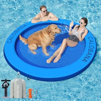 CALOBANA 8ft Heavy Duty Floating Ring, Round Inflatable Dock Water Hammock River Floats Lake Raft Island Platform for Adults Party Tanning Pool, Dark Blue