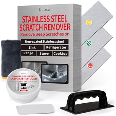Stainless Steel Scratch Remover Kit, Removes Deep Scratches from Sinks, Ranges, Fridges, Stoves & Appliances, Restores Like-New Finish, for Non-Coated Stainless Steel, with 3 Pads, Compound, Handle