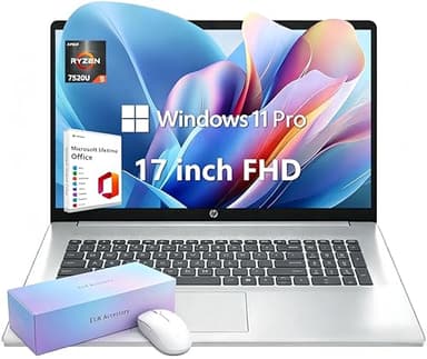HP 17 Laptop, 17.3" FHD Display, 8GB DDR5 RAM, 2TB SSD, AMD Ryzen 5 Processor(Beats i7-1165G7, Up to 4.3GHz), Lifetime MS Office + Windows 11 Pro, EUK Accessories, Silver, Video Editing Laptop
