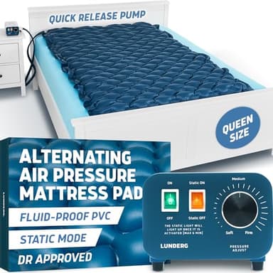 Lunderg Queen Size Alternating Air Pressure Mattress Pad with Static Mode - Comfortable Bed Sore Prevention - Includes Waterproof Mattress Topper 53" x 77" & Quiet Pump - Recommended by Doctors