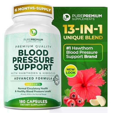 PurePremium Blood Pressure Supplements with Hawthorn Berry, Hibiscus, Garlic & Vitamin B12- Nitric Oxide Supplement for Normal Heart Health, Circulation Health & Blood Pressure Support - 180ct