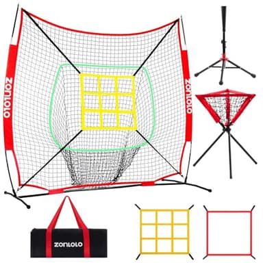 ZONLOLO 6x6ft Portable Baseball & Softball Net for Hitting，Pitching and Throwing, with Sturdy Bow Frame,Battting Tee,Ball Caddy and 2 Strike Zones, Perfect Pitching net for Kids!