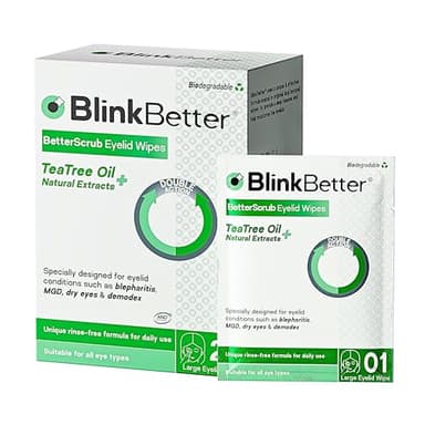 BlinkBetter Tea Tree Oil Eyelid Wipes - 20 x Natural Blepharitis, MGD & Dry Eye Relief Wipes | Cleansing, Soothing, Dual-Textured, Triple Moisture Formula | Biodegradable & Gentle (Pack of 1, 20)