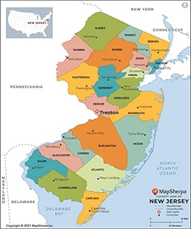 New Jersey Counties Map - Standard - 36" x 43.25" Laminated
