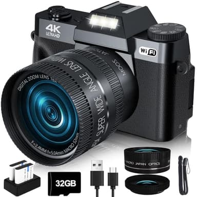 VJIANGER 2026 Upgrade 4K Digital Camera for Photography 56MP Vlogging Camera for YouTube with WiFi, 180°Flip Screen, 16X Digital Zoom, 52mm Lens, 32GB Micro SD Card, 2 Batteries(Black)