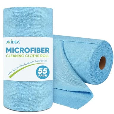 AIDEA Microfiber Cleaning Cloth Roll, Blue Shop Towels 55 Sheets Washable, Microfiber Towels for Cars, Blue Rags Reusable Paper Towel for Automotive, Workshop, House, Kitchen, Cleaning Supplies11×9"