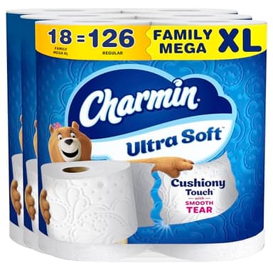 Charmin Toilet Paper Ultra Soft Cushiony Touch, 18 Family Mega XL Rolls = 126 Regular Rolls