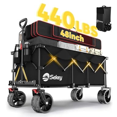 Sekey 48''L Collapsible Foldable Extended Wagon with 440lbs Weight Capacity, Heavy Duty 300L Folding Utility Garden Cart with Big All-Terrain Beach Wheels & Drink Holders. Black