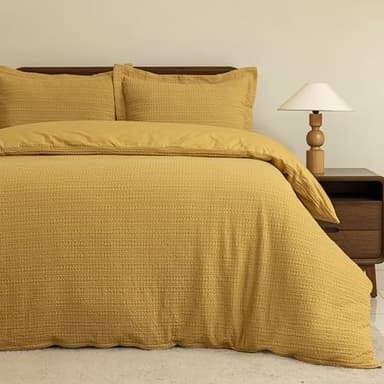 Dreamology Duvet Cover Queen, Waffle Duvet Cover Set,100% Cotton Waffle Weave Duvet Covers with Zipper Closure, Soft Textured & Breathable Bedding Set,Queen Duvet Cover 3 Pieces (Mustard)