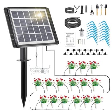 HEKIWAY 49FT Solar Drip Irrigation System, Auto Watering Kit for 15 Pots, Solar-Powered Plant Watering, 25 Timer Modes, 900ml/min Flow Indoor/Outdoor Garden, Balcony & Patio Irrigation System