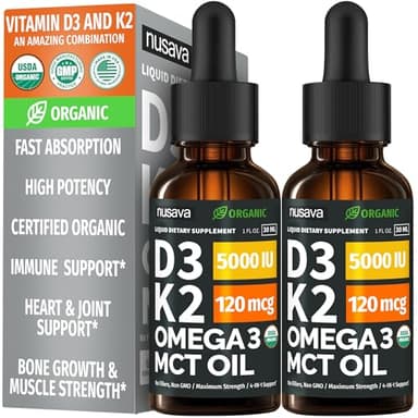 (2 Pack) Organic Vitamin D3 K2 Drops with MCT Oil & Omega 3 - Liquid Vitamin D3 5000 IU - K2 D3 Vitamin Supplement - Vitamin D Drops for Women & Men - No Fillers, Non-GMO, GMP, Unflavored (2 Fl Oz)