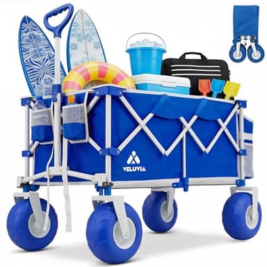VELUVIA Beach Wagon with Big Wheels - 400LBS Heavy Duty Foldable All Terrain Cart with 9" Balloon Wheels for Sand - Collapsible Beach Dolly with Adjustable Handle & Cooler Bag for Outdoor Use, Blue