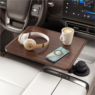 AXVLU Car Desk for Laptop, Cup Holder Table with 360° Rotation - Wooden Car Laptop Mount, Car Table & Car Food Tray Compatible with Tesla Model Y/3/S & Most Vehicles