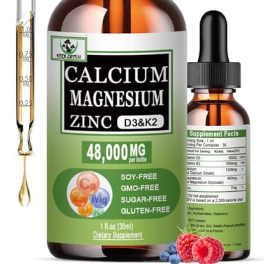 Calcium Magnesium Zinc Drops, 1200mg Calcium with Vitamin D3 K2 Magnesium for Bone,Teeth,Colon,Cardiovascular Health, High Absorption Liquid Calcium Supplement, Gluten Free,Non GMO
