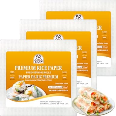 52USA Square Rice Paper, 3 Pack, White Rice Paper Wrappers, Fresh Spring Roll Wrappers & Dumplings-102 Sheets, Gluten-Free Wonton Wrappers, Vegan, Low Carb, Vietnamese Rice Wraps (22cm, 36 oz)