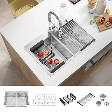 ATTOP 33 Inch Large Double Bowls Drop in Kitchen Sink,Nano Coating Stainless Steel Handmade Topmount Kitchen Sink