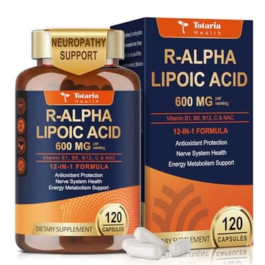 Totaria R Alpha Lipoic Acid 600mg - Stabilized ALA Supplement for Neuropathy Support Capsules, Nerve Health, Nervous System and Antioxidant, Non-GMO, Gluten Free, Vegan Safe 120 Counts