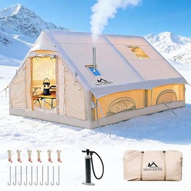 Inflatable Tents for Camping Adult 8-10 Person,129 Sqft Large Inflatable Hot Tent with Stove Jack,Blow up Tents for Camping with Mesh Windows & Pump, Easy Setup 4 Season Glamping Tent Waterproof