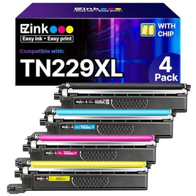 E-Z Ink Compatible TN229XL Toner Cartridges Replacement for Brother TN229XL TN-229XL TN229 XL to use with MFC-L3720CDW MFC-L3780CDW HL-L3220CDW HL-L3280CDW HL-L3300CDW Printer (TN229XLBK/C/M/Y-4 Pack)