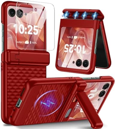 Magnetic for Motorola Razr Ultra 2025 Case [Fit for Magsafe] [Hinge Protection＆Kickstand] [Built-in Screen Protector] [15 FT Drop Protection] Shockproof Slim Phone Case for Moto Razr Ultra 2025 (Red)